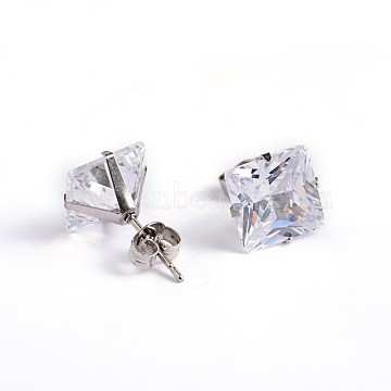 Square Cubic Zirconia Stud Earrings, with 304 Stainless Steel Pins, Clear, 3.5x3mm, Pin: 0.9mm(X-EJEW-H306-09P-3mm)