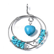 Synthetic Turquoise Big Pendants, Wire Wrapped Pendants, with Plamtinum Brass Wires, Rack Plating, Flat Round with Heart, Dyed, 68~69x53~54x9.5mm, Hole: 4x5mm(G-Q997-001C-S)
