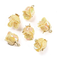 Opaque Resin Pendants, AB Color, Flower Charms with Golden Tone Alloy Leaf, Yellow, 18.5x10x10mm, Hole: 1.4mm(RESI-K031-05A-G)