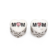 Rack Plating Alloy European Beads, with Rose Rhinestone & Black Enamel, Large Hole Beads, Cadmium Free & Nickel Free & Lead Free, Heart with Word Mom, Mother's Day, Platinum, 11x12x10.5mm, Hole: 5.5mm(MPDL-N039-188B)