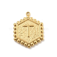 201 Stainless Steel Pendants, Golden, Hexagon with Letter Charm, Letter T, 21x16.5x2mm, Hole: 1.5mm(STAS-R227-01T-G)