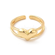Rack Plating Brass Heart Open Cuff Ring for Valentine's Day, Cadmium Free & Lead Free, Real 18K Gold Plated, US Size 8 1/2(18.5mm)(RJEW-D076-03G)