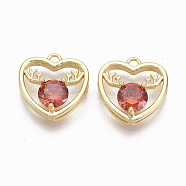 Brass Micro Pave Cubic Zirconia Charms, Nickel Free, for Christmas, Heart with Reindeer Head Shape, Real 18K Gold Plated, Red, 14.5x14x5mm, Hole: 1.6mm(KK-R132-012B-NF)