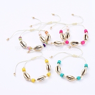 Nylon Thread Cord Braided Bead Bracelets, with Handmade Polymer Clay Heishi Beads, Electroplated Sea Shell Beads and Brass Beads, Real 18K Gold Plated, Mixed Color, 1-5/8 inch~3-3/4 inch(4.2~9.7cm)(BJEW-JB05074)