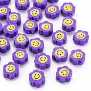 Handmade Polymer Clay Beads, Flower with Smiling Face, Blue Violet, 9~10x8~9x4~5mm, Hole: 1.4~1.6mm(CLAY-N011-011A)