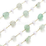 304 Stainless Steel Link Chains, with Glass Pearl & Natural Green Aventurine Nuggets Beads, Long-Lasting Plated, Unwelded, with Spool, Golden, Stone: 5~9.5x5~11x3.5~7.5mm, about 32.8 Feet(10m)/roll(CHS-K009-04G-A)