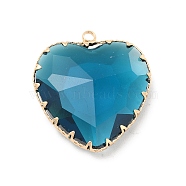 K9 Glass Pendants, Heart Charms, with Light Gold Tone Brass Findings, Faceted, Blue Zircon, 31x28x9mm, Hole: 2mm(KK-E071-07KCG-09)