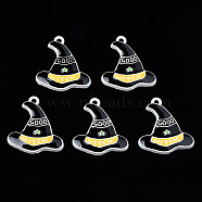 Spray Painted Alloy Enamel Pendants, Cadmium Free & Nickel Free & Lead Free, Halloween, Witch Hat with Word Good, Black, 25x22x3mm, Hole: 2mm(PALLOY-N055-003)