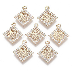 Brass Micro Pave Cubic Zirconia Pendants, Rhombus with Rose, Light Gold, Clear, 19.5x16.5x3mm, Hole: 1.5mm, Diagonal Length: 19.5mm, Side Length: 12mm(KK-T060-04)