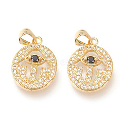 Brass Micro Pave Clear Cubic Zirconia Pendants, Long-Lasting Plated, Oval with Hamsa Hand, Colorful, Golden, 23x14x3mm, Hole: 5x4mm(ZIRC-L096-37G)