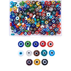 Handmade Evil Eye Lampwork Beads, Flat Round, Mixed Color, 8x3.2mm, Hole: 1mm, 13 colors, 20pcs/color, 260pcs/box(LAMP-SZ0001-02A)