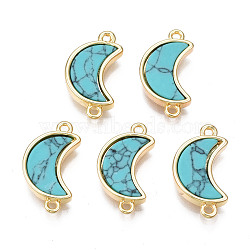 Brass Connector Charms, with Synthetic Turquoise, Cadmium Free & Nickel Free & Lead Free, Real 18K Gold Plated, Moon, Dark Turquoise, 18x10x3mm, Hole: 1.2mm(KK-N233-170B-01B)