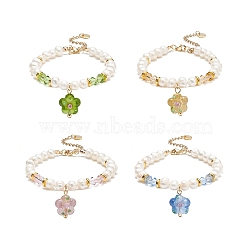 4Pcs 4 Color Lampwork Flower Charm Bracelets Set, Natural Pearl & Glass Beaded Dainty Bracelets for Women, Mixed Color, 7-1/2 inch(19cm), 1Pc/style(BJEW-TA00177)