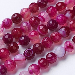 Natural Striped Agate/Banded Agate Beads Strands, Dyed & Heated, Faceted, Grade A, Round, Camellia, 8mm, Hole: 1.2mm, about 47pcs/strand, 14.9 inch(38cm)(G-G753-04-8mm)