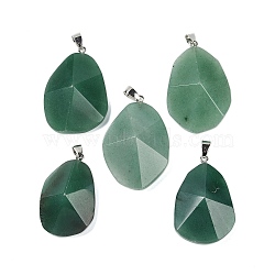 Natural Green Aventurine Pendants, with Iron Snap on Bails, Faceted, Nuggets, 34.5~50x23.5~31x10.5~13mm, Hole: 7.8x3mm(G-C140-06B)