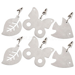 6Pcs 3 Style 430 Stainless Steel Tablecloth Weights, Table Cloth Pendants, with Clips, Leaf/Fish/Butterfly, Stainless Steel Color, 85~100mm, Pendant: 58~70x49~68x2~2.5mm, 2pcs/style(STAS-GL0001-02)