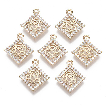 Brass Micro Pave Cubic Zirconia Pendants, Rhombus with Rose, Light Gold, Clear, 19.5x16.5x3mm, Hole: 1.5mm, Diagonal Length: 19.5mm, Side Length: 12mm