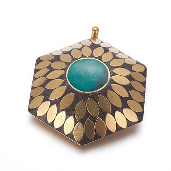 Polymer Clay Big Pendants, with Brass Findings, Hexagon, Unplated, 71x55x14.5mm, Hole: 5mm