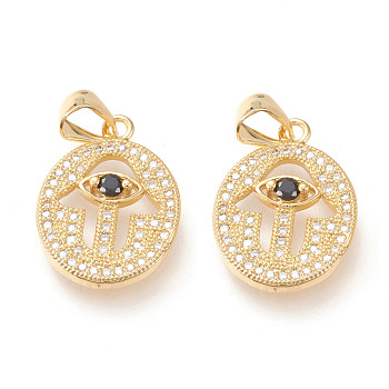 Brass Micro Pave Clear Cubic Zirconia Pendants, Long-Lasting Plated, Oval with Hamsa Hand, Colorful, Golden, 23x14x3mm, Hole: 5x4mm