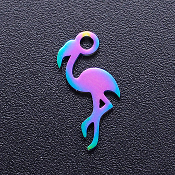 Ion Plating(IP) 201 Stainless Steel Charms, Flamingo Shape, Rainbow Color, 15x7x1mm, Hole: 1.5mm