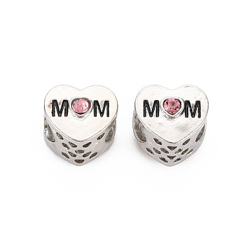 Rack Plating Alloy European Beads, with Rose Rhinestone & Black Enamel, Large Hole Beads, Cadmium Free & Nickel Free & Lead Free, Heart with Word Mom, Mother's Day, Platinum, 11x12x10.5mm, Hole: 5.5mm