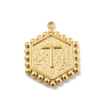 201 Stainless Steel Pendants, Golden, Hexagon with Letter Charm, Letter T, 21x16.5x2mm, Hole: 1.5mm