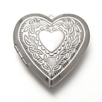 316 Stainless Steel Locket Pendants, Photo Frame Charms for Necklaces, Heart, Stainless Steel Color, 42x40x9mm, Hole: 2.5mm, Inner Diameter: 30x30mm