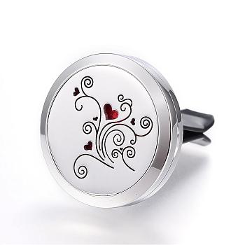316 Surgical Stainless Steel Car Diffuser Locket Clips, with Perfume Pad and Magnetic Clasps, Flat Round with Flower, Red, 30x7mm