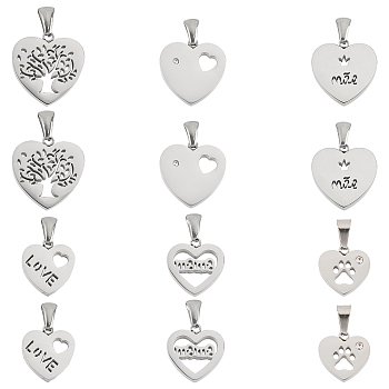 Unicraftale 304 Stainless Steel Pendants, Hollow, Polishing, Heart, Stainless Steel Color, 13.5~18.5x13.5~18x3.5mm, Hole: 3x6mm, 12pcs/box