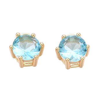 Brass Inlaid Cubic Zirconia Charms, Real 18K Gold Plated, Flat Round, Cadmium Free & Nickel Free & Lead Free, Deep Sky Blue, 7.5x7.5x5mm, Hole: 1mm