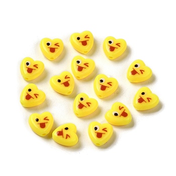 Opaque Acrylic Beads, Heart with Expression, Yellow, 8.5x8.5x4mm, Hole: 1.4mm