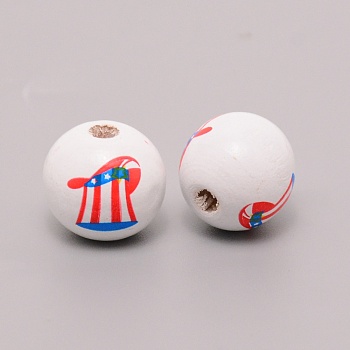 Wooden Beads, Painted with Independence Day Pattern, Round with Hat, Red, 16~16.5mm, Hole: 4mm