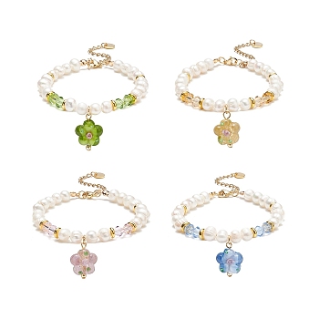 4Pcs 4 Color Lampwork Flower Charm Bracelets Set, Natural Pearl & Glass Beaded Dainty Bracelets for Women, Mixed Color, 7-1/2 inch(19cm), 1Pc/style