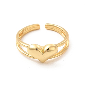 Rack Plating Brass Heart Open Cuff Ring for Valentine's Day, Cadmium Free & Lead Free, Real 18K Gold Plated, US Size 8 1/2(18.5mm)
