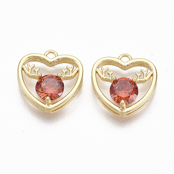 Brass Micro Pave Cubic Zirconia Charms, Nickel Free, for Christmas, Heart with Reindeer Head Shape, Real 18K Gold Plated, Red, 14.5x14x5mm, Hole: 1.6mm