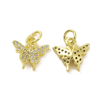 Brass Micro Pave Clear Cubic Zirconia Charms, with Jump Ring, Butterfly Charm, Real 18K Gold Plated, 11.5x11.5x2.5mm, Hole: 3.2mm