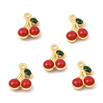 Brass Enamel Charms, Real 18K Gold Plated, Long-Lasting Plated, Lead Free & Cadmium Free, Cherry Charm, Red, 10x7x3mm, Hole: 1.2mm