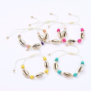Nylon Thread Cord Braided Bead Bracelets, with Handmade Polymer Clay Heishi Beads, Electroplated Sea Shell Beads and Brass Beads, Real 18K Gold Plated, Mixed Color, 1-5/8 inch~3-3/4 inch(4.2~9.7cm)