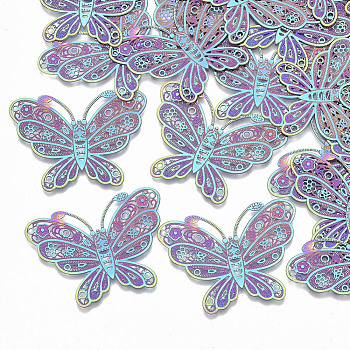 Ion Plating(IP) 304 Stainless Steel Filigree Joiners Links, Etched Metal Embellishments, Butterfly, Rainbow Color, 26x34.5x0.3mm, Hole: 0.9mm