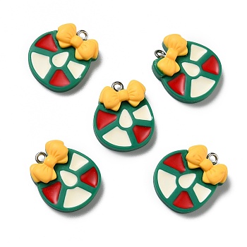 Opaque Resin Pendants, with Platinum Tone Iron Loops, Christmas Wreath, Colorful, 22.5x19.5x4mm, Hole: 2mm