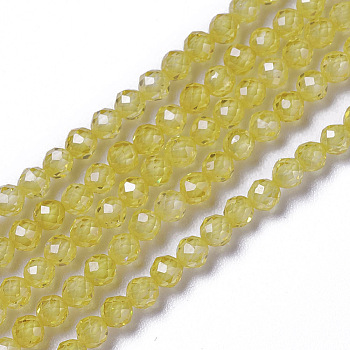 Cubic Zirconia Beads Strands, Faceted, Round, Yellow, 3x2.5~3mm, Hole: 0.3mm, about 114~141pcs/strand, 15.1~16.4 inch(38.4~41.8cm)