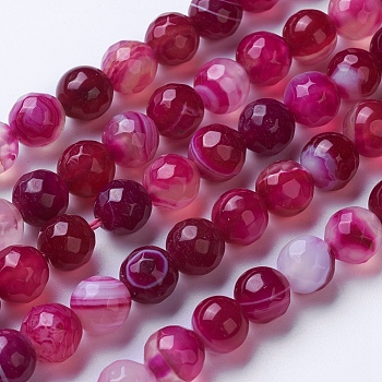 Natural Striped Agate/Banded Agate Beads Strands, Dyed & Heated, Faceted, Grade A, Round, Camellia, 8mm, Hole: 1.2mm, about 47pcs/strand, 14.9 inch(38cm)