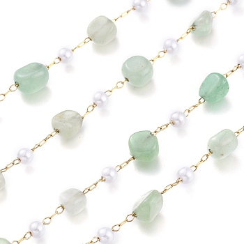 304 Stainless Steel Link Chains, with Glass Pearl & Natural Green Aventurine Nuggets Beads, Long-Lasting Plated, Unwelded, with Spool, Golden, Stone: 5~9.5x5~11x3.5~7.5mm, about 32.8 Feet(10m)/roll