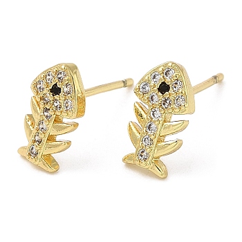 Rack Plating Brass Fishbone Stud Earrings with Cubic Zirconia, Lead Free & Cadmium Free, Real 18K Gold Plated, 10x5.5mm