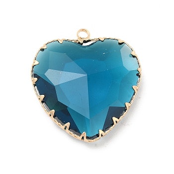 K9 Glass Pendants, Heart Charms, with Light Gold Tone Brass Findings, Faceted, Blue Zircon, 31x28x9mm, Hole: 2mm