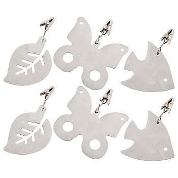 6Pcs 3 Style 430 Stainless Steel Tablecloth Weights, Table Cloth Pendants, with Clips, Leaf/Fish/Butterfly, Stainless Steel Color, 85~100mm, Pendant: 58~70x49~68x2~2.5mm, 2pcs/style