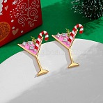 Christmas Alloy Enamel Stud Earrings, with Rhinestone, Drink with Candy Cane, Golden, 37x28mm(FS-WGF3B22-01)