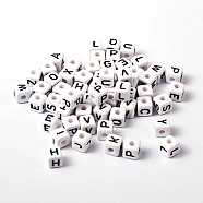 Acrylic Horizontal Hole Letter Beads, Cube, White, Size: about 10mm, hole: about 3mm, about 550pcs/500g(PL37C9447)