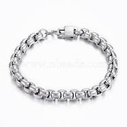 304 Stainless Steel Box Chain Bracelets, with Lobster Claw Clasps, Stainless Steel Color, 9 inch(230mm), 8mm(BJEW-H508-07P)
