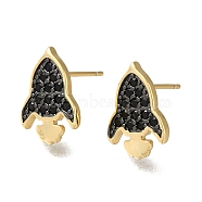 Rack Plating Brass Micro Pave Cubic Zirconia Stud Earring, Long-Lasting Plated, Cadmium Free & Lead Free, Rocket, Black, Real 18K Gold Plated, 13.5x9.5mm(EJEW-C101-05G)